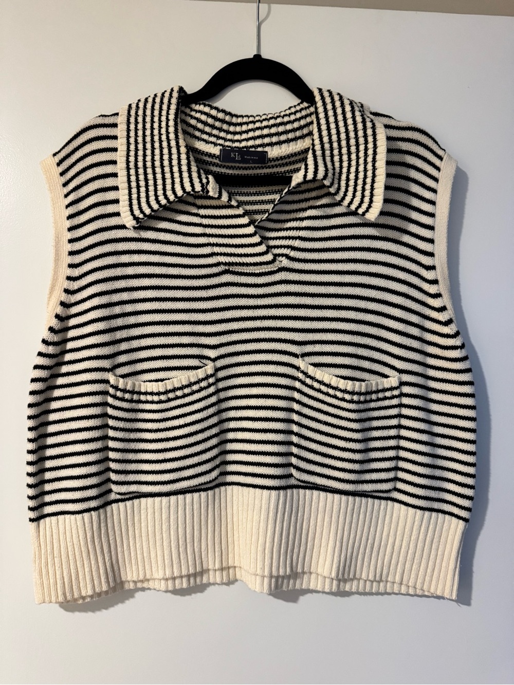 Striped Sleeveless Polo Sweater Vest in Ivory and Black
